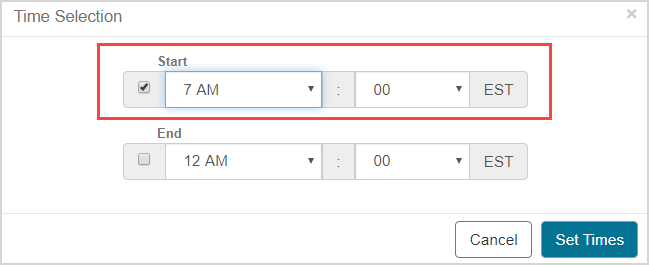 In the Time Selection window under Start, the time was modified and then the box was checked.